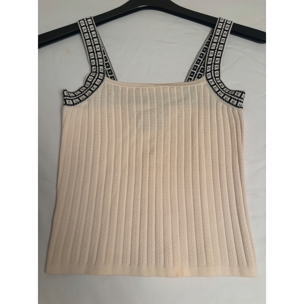 Carlisle Silk Blend Ribbed‎ Knit Tank Top Cream Black Geometric Rhinestone XS